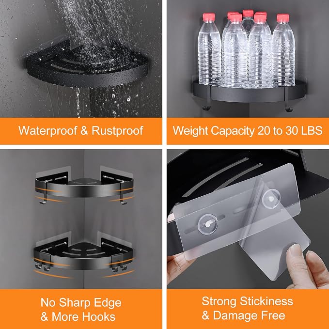 DUFU Adhesive Corner Shower Caddy with Hooks,Bathroom Shower Organizer, No Drilling Rust Proof Aluminum Shower Shelf for Inside Shower 2 Pack (Black) - Image 3