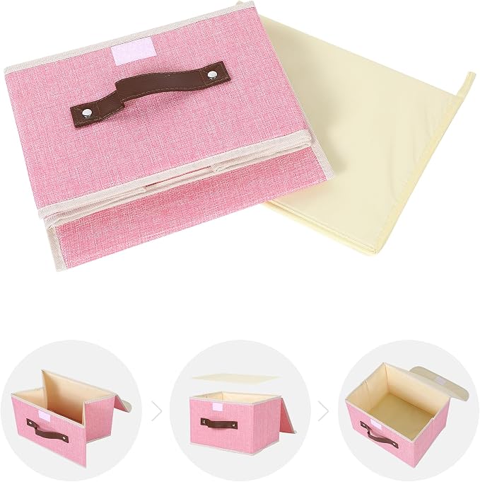 ANMINY 2PCS Storage Bins with Lid PU Leather Handles Storage Boxes PP Plastic Board Decorative Foldable Lidded Cotton Linen Fabric Home Cubes Baskets Closet Organizer Containers - Pink, Small Size - Image 8
