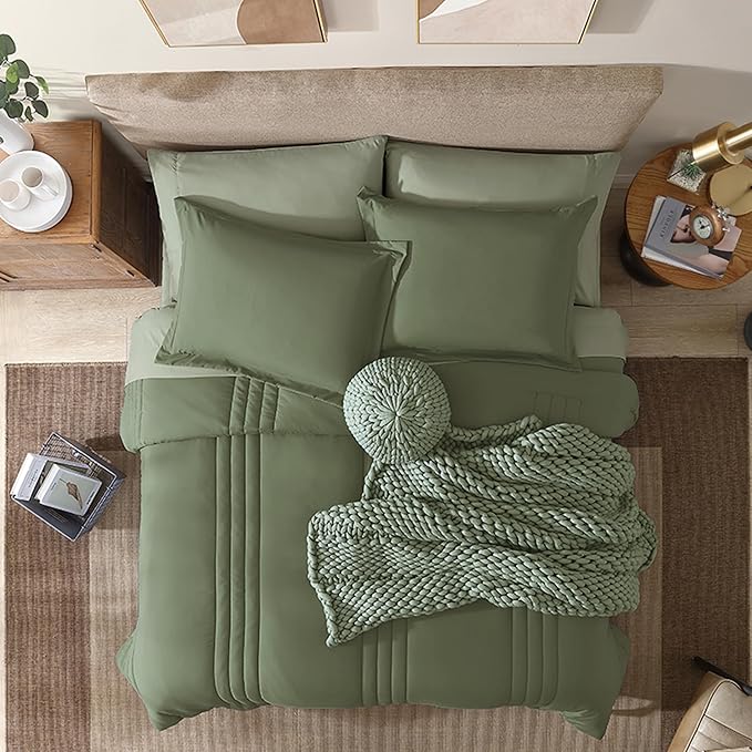 Monbix Full Comforter Set - 7 Pieces Light Sage Green Bed in a Bag Full Size Bedding Sets with Comforters, All Seasons Comforter with Sheets, Pillowcases & Shams