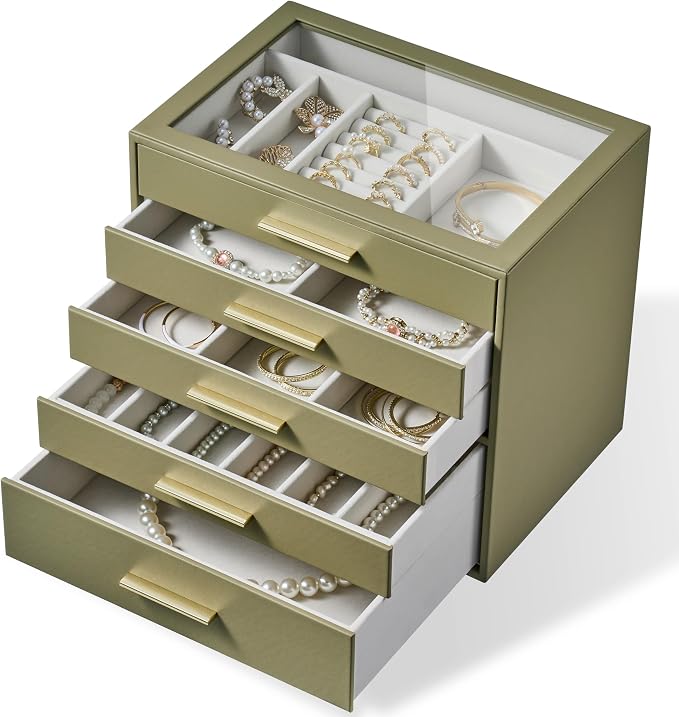 Jewelry Box Organizer Case for Women: 5-Layer Jewelry Storage Case with Glass Window, Olive Green Leather with Cream Velvet, Holder for Ring Necklace Bracelet Brooch Watch, Great Gift for Her - Image 9