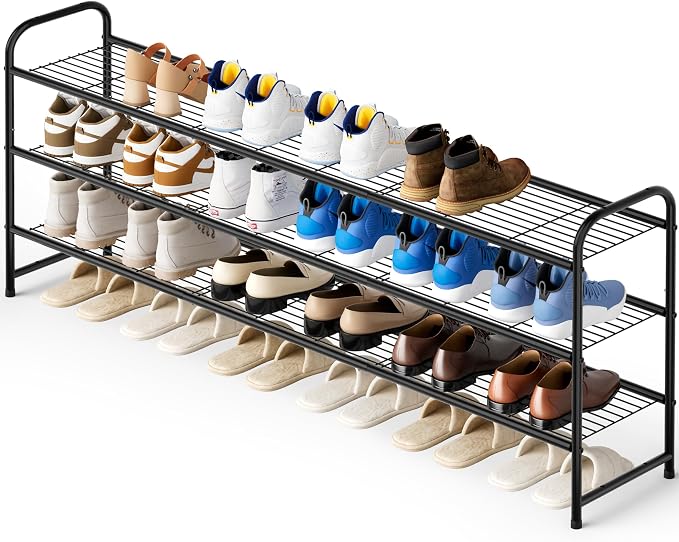 KEETDY 3-Tier Long Shoe Rack for Closet Metal Shoe Organizer for Entryway, Wide Stackable Shoe Storage Shelf with Sturdy Wire Grid for Closet Floor, Bedroom, Black by KEETDY