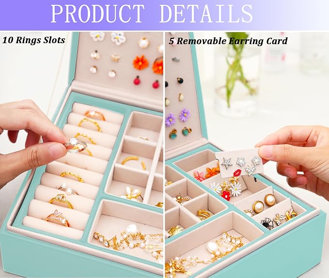Earrings Jewelry Box for Girls, Large Capacity Jewelry Organizer with 40-Pair Earring Board, 2-Layer Leather Jewelry Storage Box for Necklaces Rings Bracelets with Removable Tray(Gift Idea),Turqueoise - Image 5