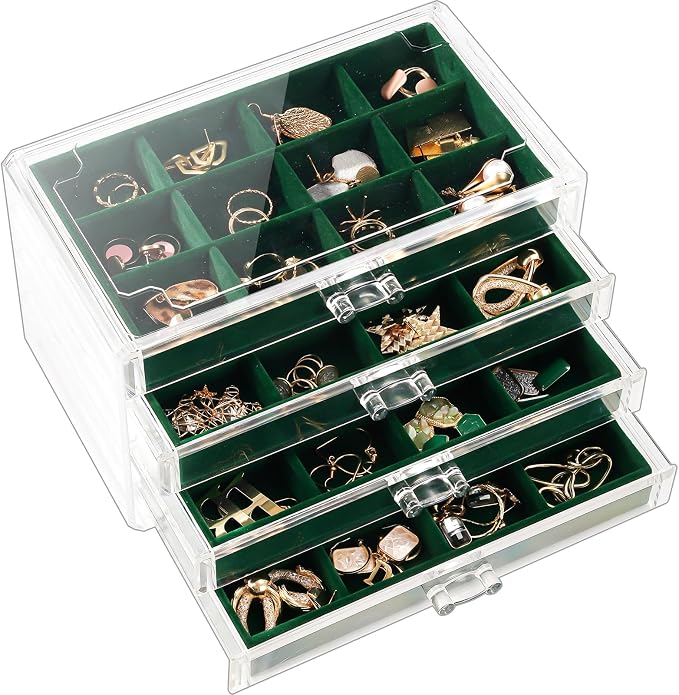 Lolalet Earring Holder Organizer Box Jewelry Storage with 4 Drawers, Clear Acrylic Stackable Earring Case with Adjustable Velvet Trays for Women on Dresser Vanity -Emerald, 4 Layers by Lolalet