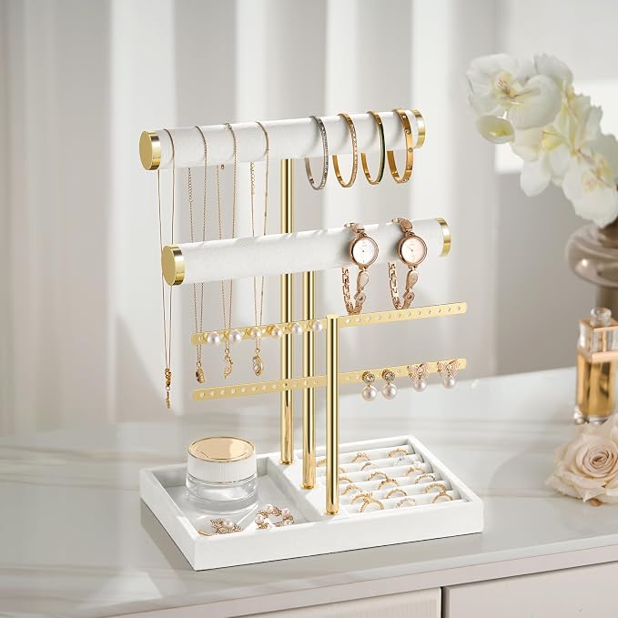 bussdis 3 Tier Bracelet Holder Display - Detachable T Bar White Velvet Bracelet Holder, Jewelry Holder Organizer for Bracelet, Necklace, Earrings, Rings - Image 6