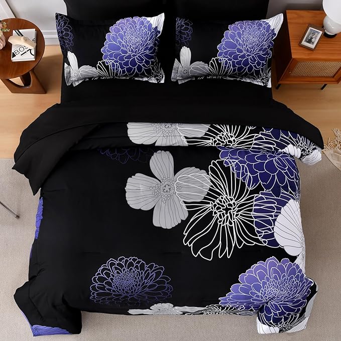 Yiran Floral Comforter Set King 7 Pieces Bed in a Bag Purple White Black Flower Comforter Soft Microfiber Bedding Sets for All Seasons 104"×90"