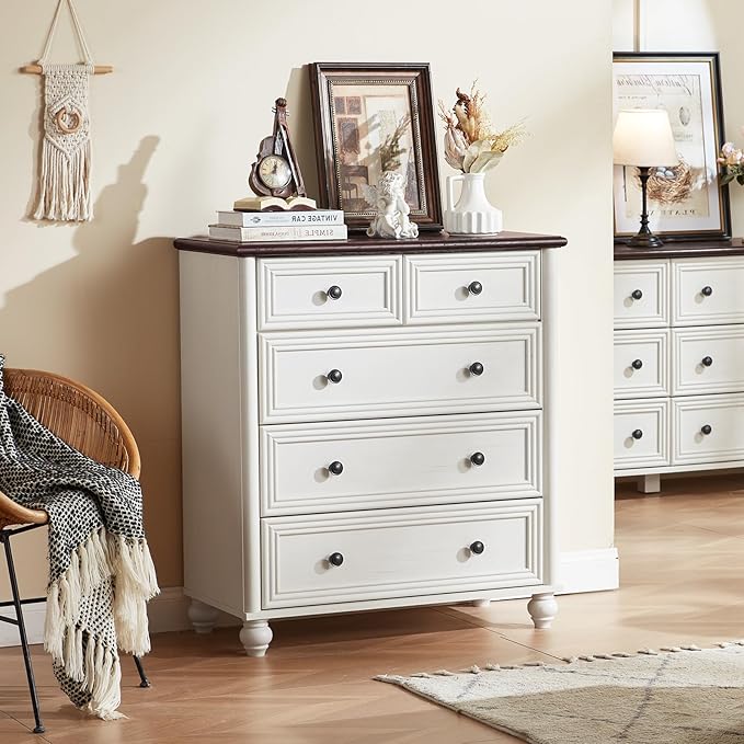 RWYHG Farmhouse 5 Drawer Dresser for Bedroom, 35.5" Tall Small Dressers & Chest of Drawers, Rustic Wood Dresser with Roman Column, Storage Organizer for Living Room, Hallway, Closet (White)