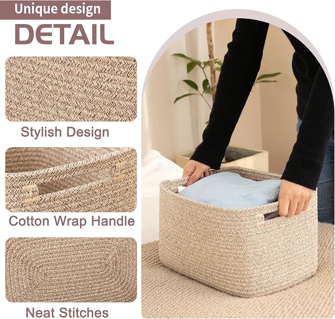 OIAHOMY 4 Pack Storage Baskets for Organizing, Cube Storage Bins for Shelves, Rectangle Storage Baskets With Handles, Woven Baskets for Storage, 12.7''Lx9''Wx7.8''H, Brown - Image 3