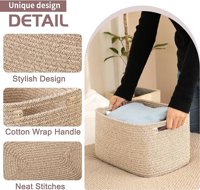 OIAHOMY 4 Pack Storage Baskets for Organizing, Cube Storage Bins for Shelves, Rectangle Storage Baskets With Handles, Woven Baskets for Storage, 16''Lx12''Wx8''H, Brown - Image 3