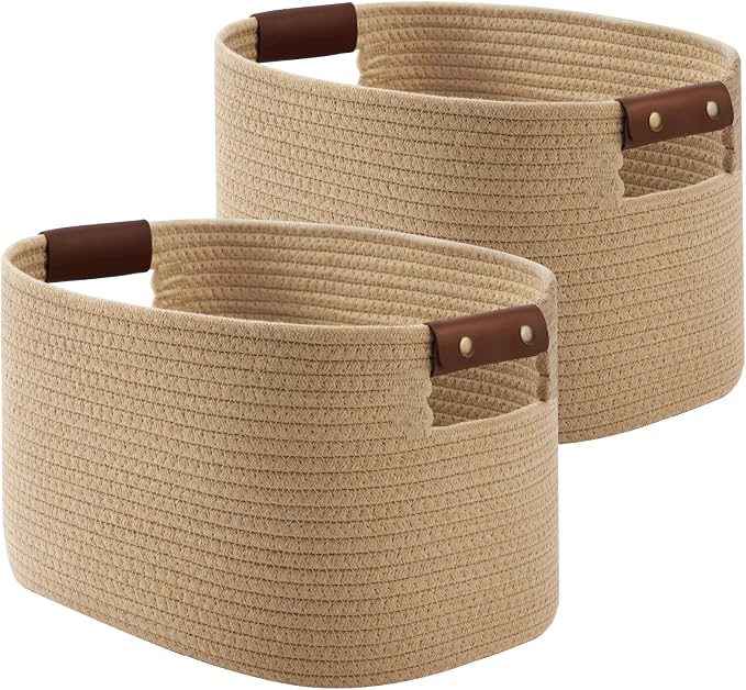 ECDYQXVU Cotton Rope Basket, Storage Baskets with Handle, 15x10x9 Inch Woven Basket for Shelves, Laundry, Towels, Clothes, Books (Jute/Brown 2Pack) by ECDYQXVU