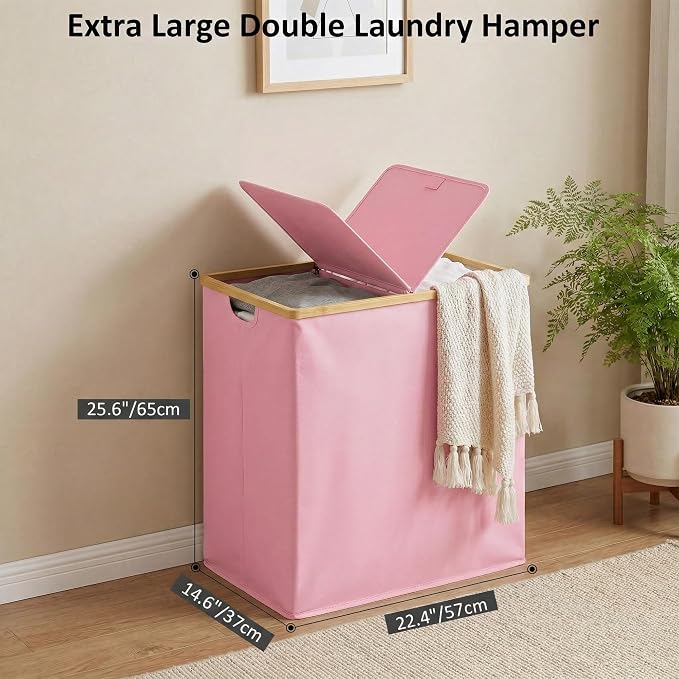 efluky Laundry Hamper with Lid, Double Laundry Hamper with 2 Removable Bags, 2 Section Laundry Basket with Bamboo Handles for Bathroom, Bedroom & Laundry Room (Pink, 140L Dual) - Image 3