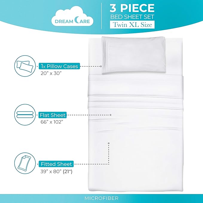 DREAMCARE Twin XL Sheet Sets - 3 pcs Breathable Cooling Bed Sheets - up to 21" Extra Deep Pocket Twin XL Sheets Set with Side Pockets - Extra Soft 100% Brushed Hypoallergenic Hotel Luxury - White
