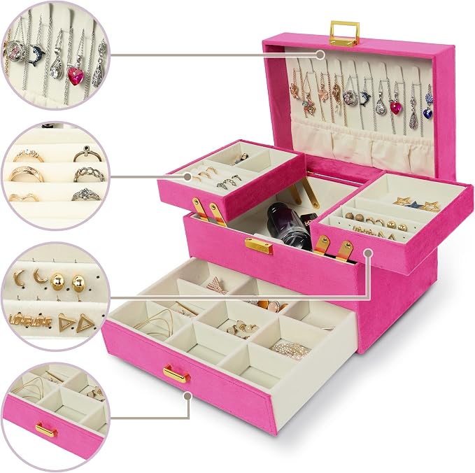 Dajasan Jewelry Organizer Box, Large Jewelry Boxes for Women Girls, Space-Saving 3 Layers Jewelry Storage Case with Drawer, Gift Idea for Christmas, Valentine's Day, Birthday, Mother's Day (Red) - Image 2
