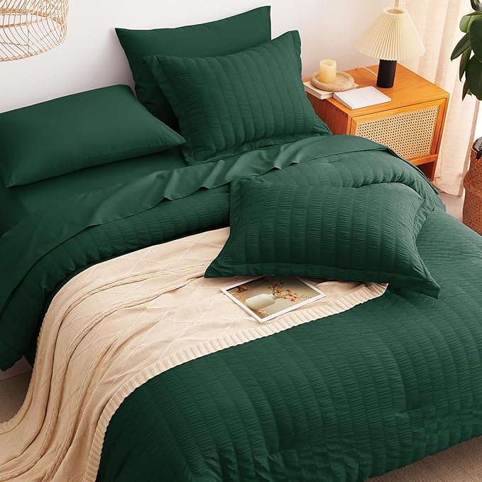 CozyLux Queen Comforter Set Emerald Green Seersucker 7 Pieces Bed in a Bag Queen Comforter Set with Sheets, Luxury Bedding Sets with Down Alternative Comforter, Sheets, Pillowcases & Shams All Seasons