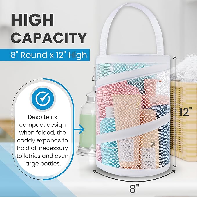 Handy Laundry Portable Shower Caddy – Foldable Mesh Organizer with Handle, Quick Dry, Large Compartments, Drainage Hole, Ideal for Dorm, College, Gym, Travel, Camp – White - Image 3