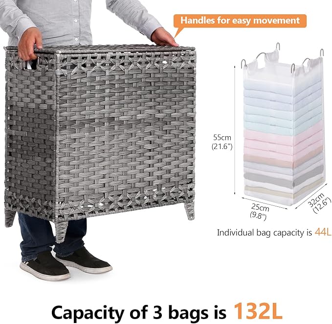 Laundry Hamper with 3 Removable Liner Bags; 132L Handwoven Rattan Laundry Basket with Lid & Heightened Feet; Clothes Hamper with Side Handles; Laundry Sorter with 3 Separate Sections - Image 4