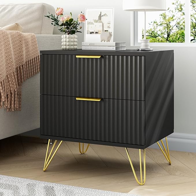 8 Drawer Dresser and Nightstand Sets for Bedroom, 3 Pcs Bedroom Set，Night Stand Set of 2 & 8 Drawer Dresser with Gold Handles, Modern Wood Chest of Drawers Storage Cabinet Set, Black