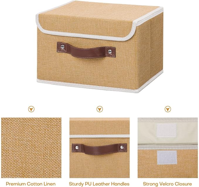 ANMINY Storage Bin with Lid Storage Boxes with PU Leather Handles PP Plastic Board Decorative Foldable Lidded Cotton Linen Fabric Home Cubes Baskets Closet Organizer Container - Khaki, Small Size - Image 3