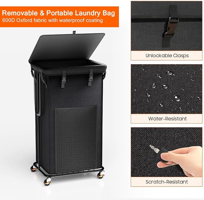 100L Laundry Hamper with Lid, Rolling Laundry Basket with Wheels, Large & Tall Dirty Clothes Hamper with Metal Frame and Removable Bag for Bedroom Aesthetic, Laundry Room, Bathroom, Dorm-Black - Image 5