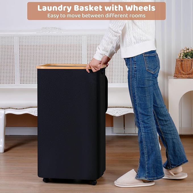 iEGrow 110L Laundry Basket with Wheels,Clothes Hamper for Laundry,Laundry Hamper with Lid and Inner Bag, for Laundry Room, Bedroom, Dormitory Storage,Black - Image 3