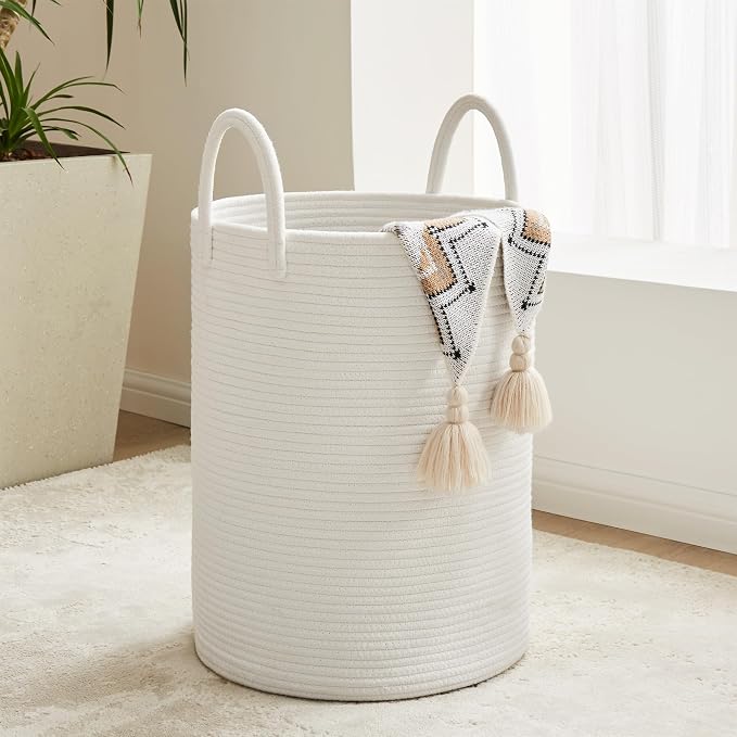 Cotton Rope Laundry Hamper by YOUDENOVA, 58L - Woven Collapsible Laundry Basket - Clothes Storage Basket for Blankets, Laundry Room Organizing, Bedroom Storage, Clothes Hamper – White by YOUDENOVA