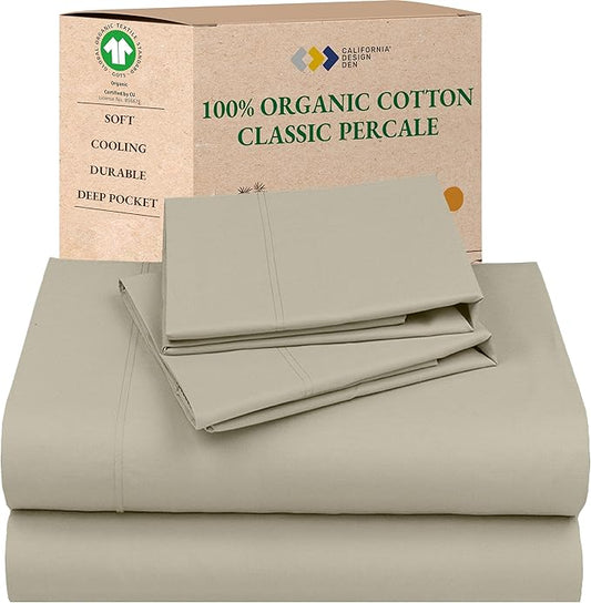 California Design Den Sheets Queen Size Bed Set - Soft 100% 100% Organic Cotton Sheets with Deep Pockets, Crisp Percale, Breathable and Durable Bedding Set - Warm Taupe