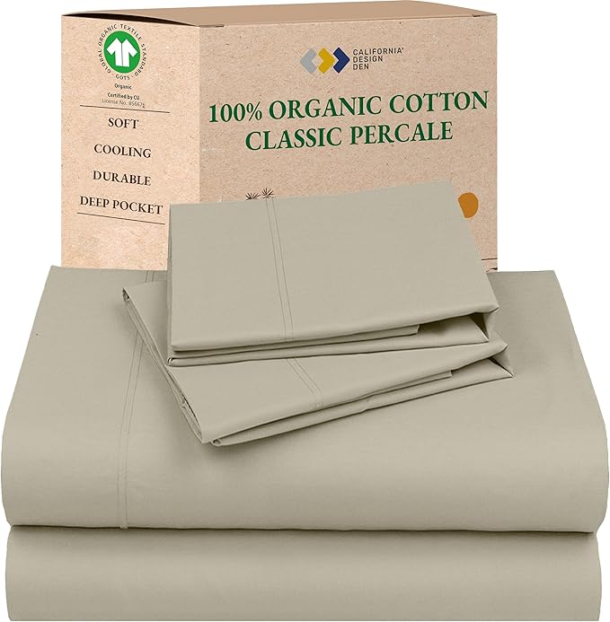 California Design Den California King Sheets Deep Pockets Set - Soft 100% Organic Cotton Percale Sheets, Breathable and Durable Bedding Set - Warm Taupe