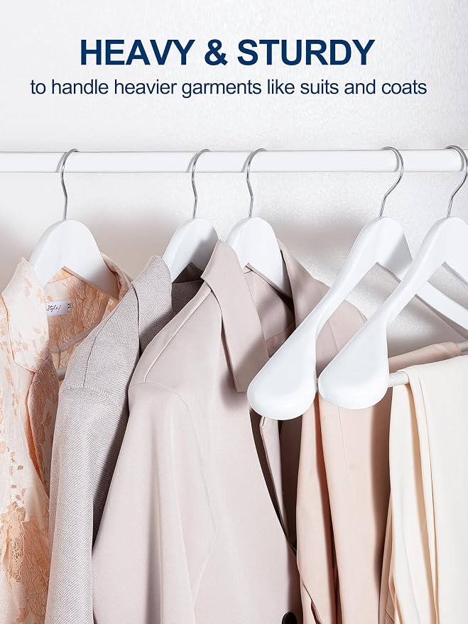 HOUSE DAY High-Grade Solid Wood Coat Hangers for Women, Wide Shoulder Wooden Hangers, Suit Hangers with Non Slip Pants Bar, Smooth Finish 360° Swivel Hook for Dress, Heavy Clothes Hangers 6 Pack White - Image 6