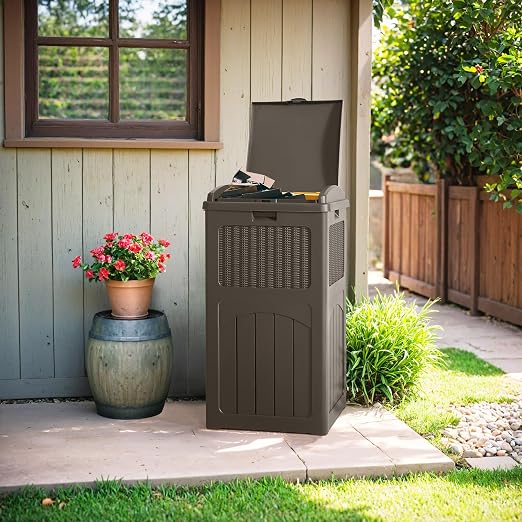 Flamaker 30 Gallon Trash Can, Resin Outdoor Garbage Can with Lid, Waterproof Hideaway Patio Waste Bins for Outside Use (Deep Brown) - Image 6