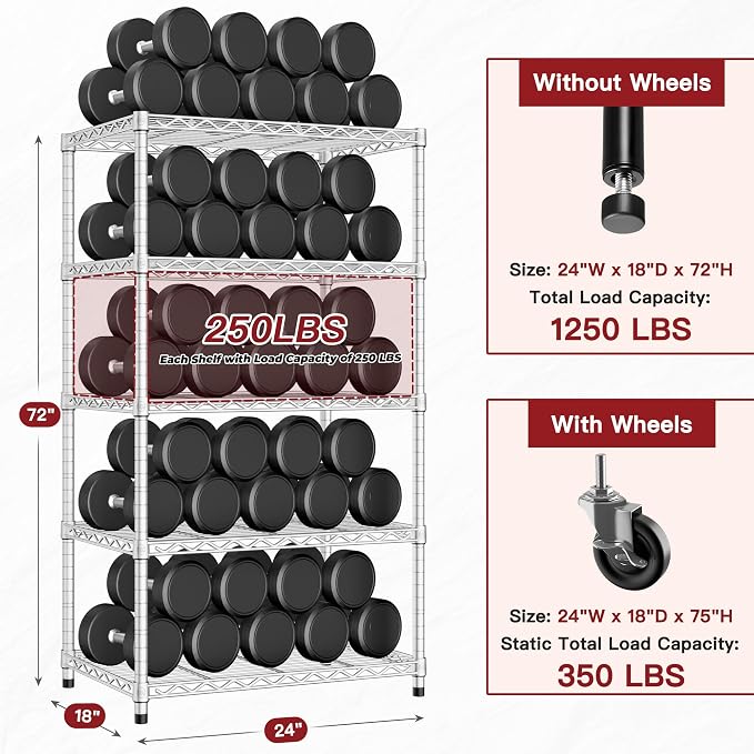 PrimeZone 4 Pack Steel Storage Wire Shelving 5 Tier Metal Shelves with Wheels,Adjustable Kitchen Utility Shelving Unit,Pantry Rack Rolling Metal Shelf Laundry,Chrome 24" Wx18 Dx75 H - Image 3