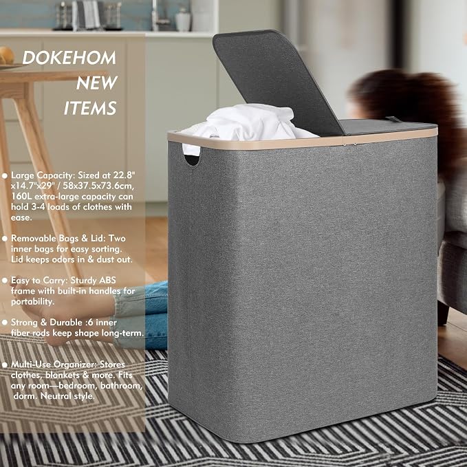 DOKEHOM 160L Double Laundry Basket with Removable Lid and Laundry Bags, Large Collapsible Laundry Hamper with 2 Sections (Dark Grey) - Image 2