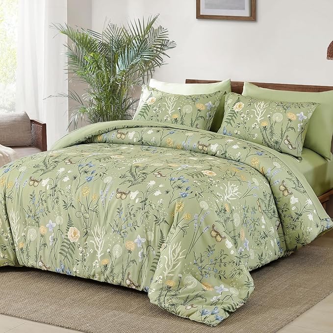 Yiran Sage Green Floral Comforter Set Queen Size, 7 Piece Botanical Comforter Bedding Set, Farmhouse Bed in a Bag, Soft Microfiber Complete Bedding Set with Sheets for All Season