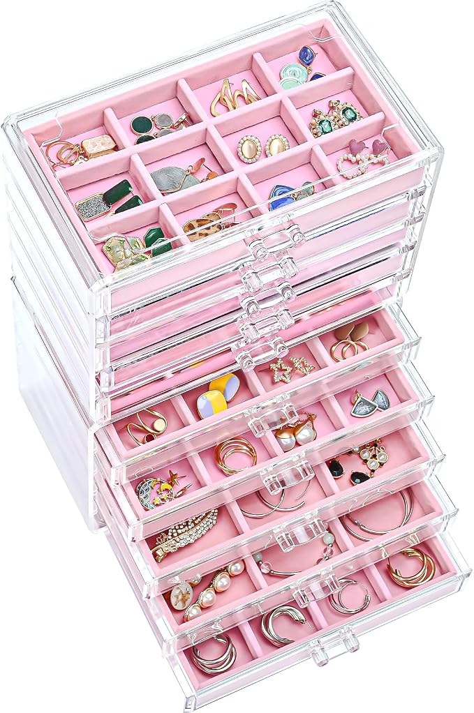 ProCase Earring Holder Organizer Jewelry Box with 10 Drawers, Acrylic Clear Earring Case with Adjustable Velvet Trays for Women - Pink, 10 Layers by ProCase