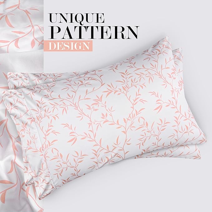 Utopia Bedding Queen Sheet Set, Soft Microfiber 4 Piece Bed Sheets with 15" Deep Pocket - Easy Care Brushed Microfiber (Vines - Coral)