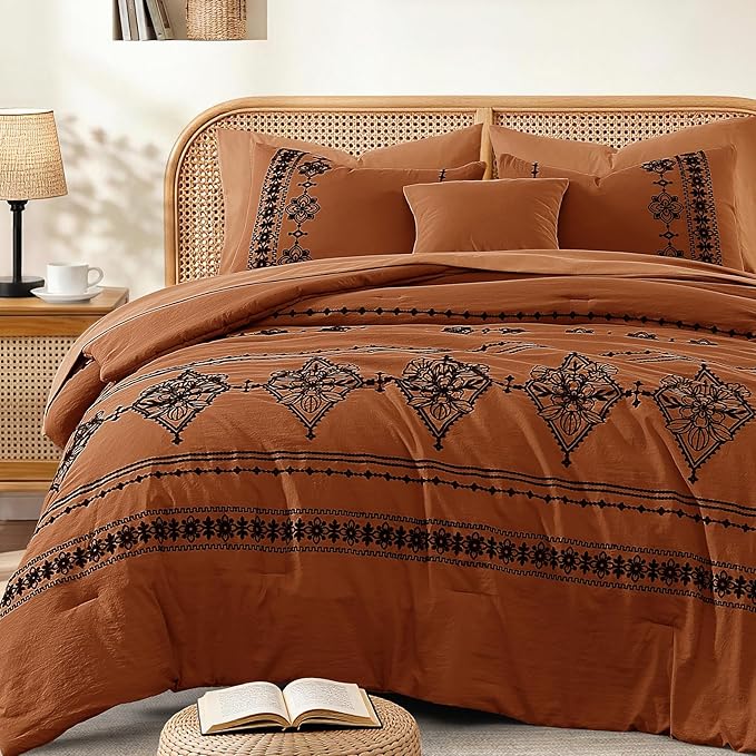 MaiRêve Queen Size Comforter Set Burnt Orange, Embroidery Floral Western Boho Bedding Set, All Season 7 Pieces Bed in a Bag with Sheets, Pillowcases & Shams