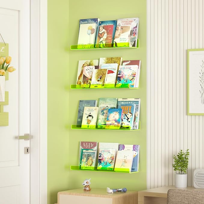 upsimples Acrylic Shelves for Wall Decor, 15" Display Shelf for Figure, Nail Polish, Wall Organizer for Bathroom, Bedroom, Living Room, Playroom, Kids Bookshelf, Clear Fluorescent Green, 4 Pack - Image 4