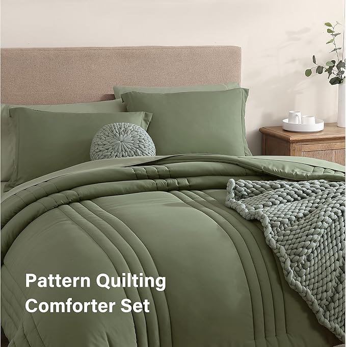 Monbix Full Comforter Set - 7 Pieces Light Sage Green Bed in a Bag Full Size Bedding Sets with Comforters, All Seasons Comforter with Sheets, Pillowcases & Shams