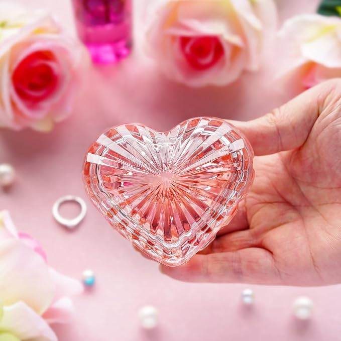 kanpura Glass Heart Shaped Jewelry Box Candy Dish with Lid Ring Earring Trinket Storage Box Vintage Jewelry Organizer Decorative Jar Christmas Gift for Women Girls(Pink) - Image 8