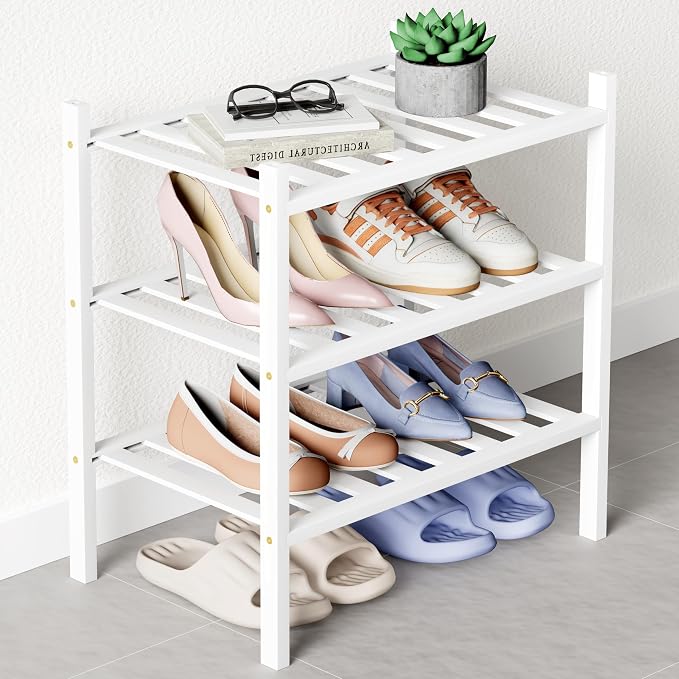 Smiry Bamboo Shoe Rack for Closet, 3 Tier Small Wooden Stackable Shoe Organizer, Free Standing Shoes Storage Shelf for Entryway, Front Door Entrance, White by Smiry