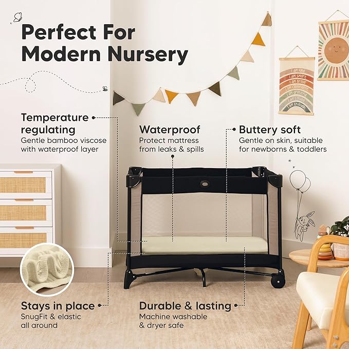 2-Pack Waterproof Pack and Play Sheets, Mini Crib Sheets Fitted for Boy, Girl - 38 x 26 Viscose from Bamboo Pack N Play Mattress Sheets for Graco, Toddler Playard Baby Crib Sheets Neutral (Latte)