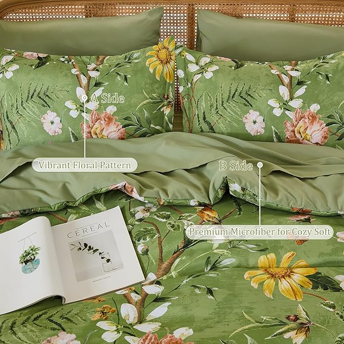 Yiran Sage Green Hibiscus Floral Comforter Set Queen Size, 7 Piece Bird Flowers Botanical Comforter Bedding Set, Vintage Bed in a Bag, Soft Microfiber Complete Bedding Set with Sheets for All Season