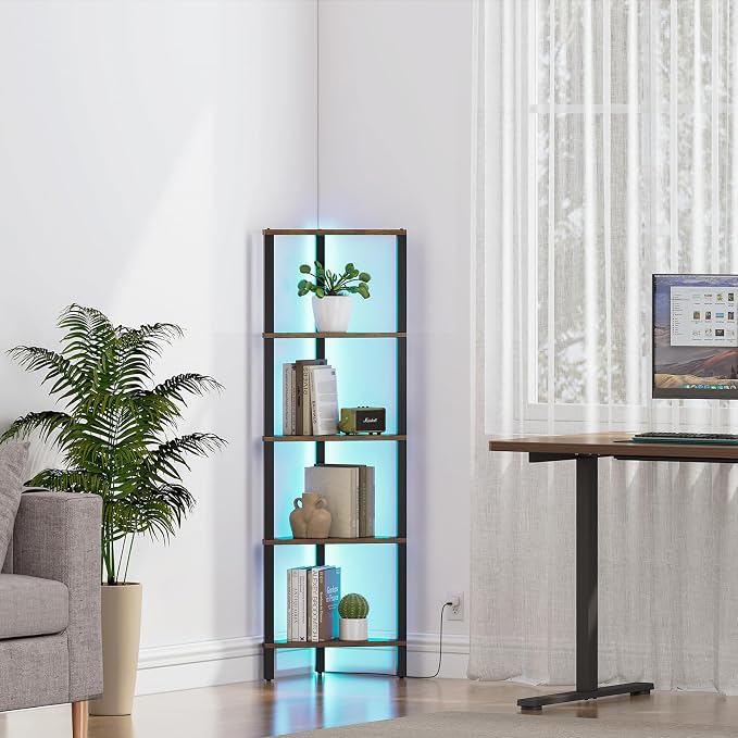 TUTOTAK Corner Shelf with LED Light, 5-Tier Corner Bookshelf for Small Space, Narrow Display Corner Shelf Stand with Storage Rack, for Living Room, Bedroom, Rustic Brown BS05BB005L - Image 8