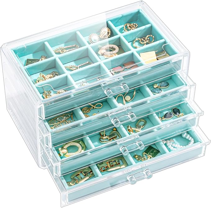 Lolalet Earring Holder Organizer Box Jewelry Storage with 4 Drawers, Clear Acrylic Stackable Earring Case with Adjustable Velvet Trays for Women on Dresser Vanity -Aqua, 4 Layers by Lolalet