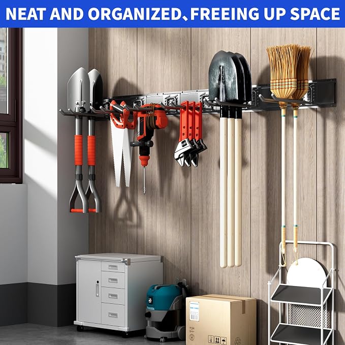 Garden Tool Organizer Wall Mount, 48inch Heavy Duty Garden Tool organizer Storage System, Easy Install With 9 Adjustable Hooks, For Garage, Basement, Shed, Workshop(Black) - Image 6