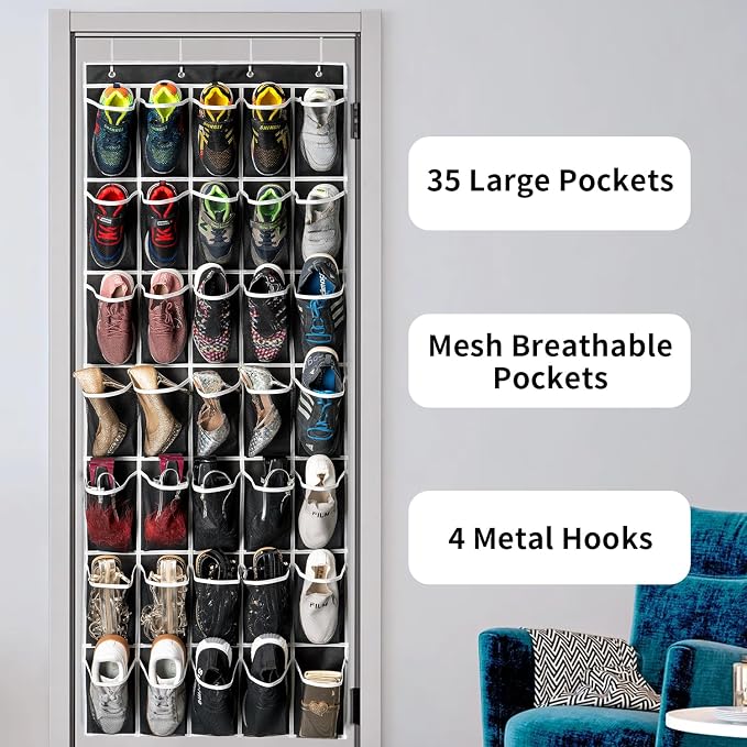 SAVERHO 35 Pockets Over the Door Shoe Organizer, Hanging Shoe Organizer for Door with 35 Mesh Pockets Large Capacity Shoe Hanging Storage Bag with 4 Metal Hooks (Black-1Pack) - Image 3