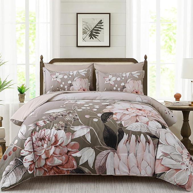 Drucon Brown Comforter Set King Size - 7 Pieces Floral Bedding Sets, Soft Botanical Flowers Comforter Bed in a Bag with Sheets, Pillowcases & Shams