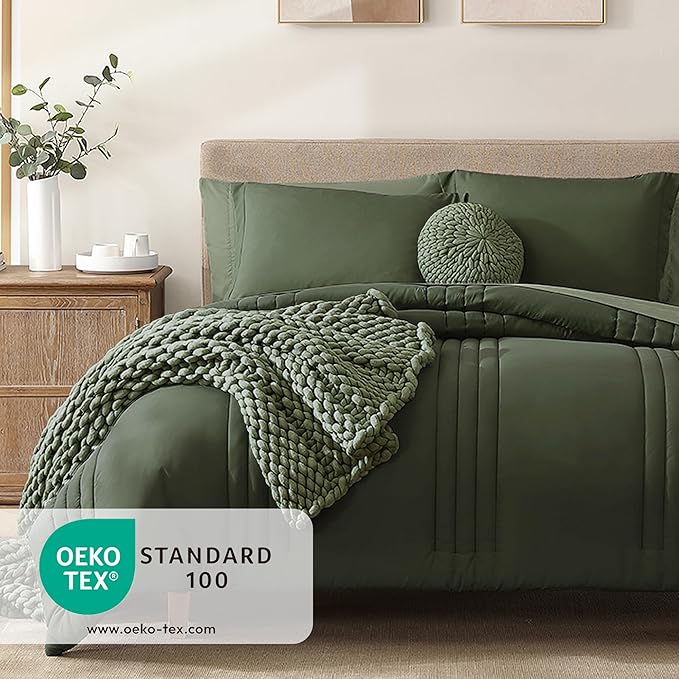 Monbix Oversized King Size Comforter Set - 7 Pieces Olive Green Bed in a Bag Oversized King Bedding Sets with Comforters, All Seasons Comforter Bed Set with Sheets, Pillowcases & Shams