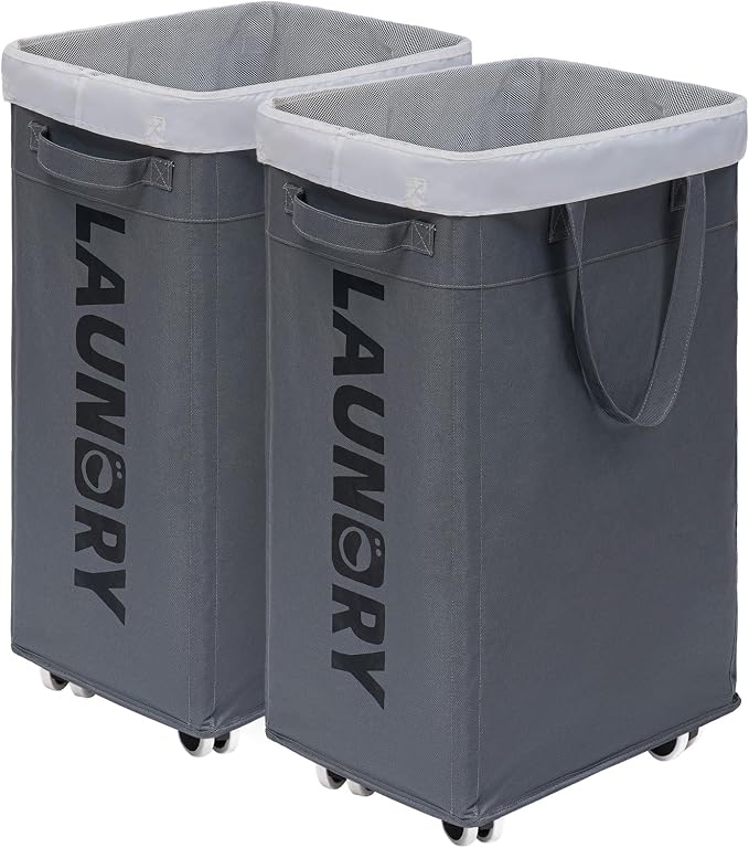 CHICVITA Hamper with Wheels 2-Pack, 75L Large Laundry Baskets with Removable Wash Bags, Foldable Laundry Baskets with Slim Design for Corner Dorms, Rolling Laundry Hamper on Wheels, Grey by CHICVITA