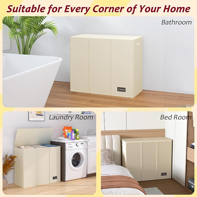 195L Laundry Hamper 3 Section,Large Laundry Hamper with Lid,Dirty Clothes Hamper with 3 Inner Bags,Collapsible Laundry Basket Organizer for Laundry Room,Bedroom,Laundry Sorter Hamper 3 Compartment - Image 7