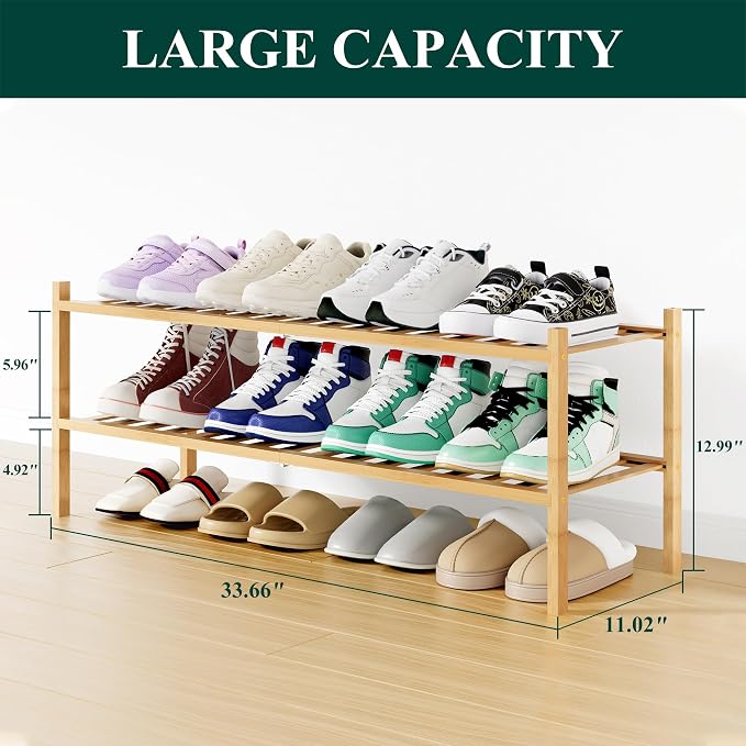 Smiry Shoe Rack, 2 Tier Long Bamboo Shoe Organizer, Stackable Free Standing Wooden Shoe Storage Shelf for Closet, Entryway, Front Door Entrance, Natural - Image 2