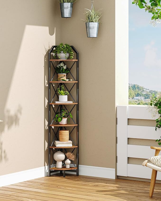 CHOEZON 6-Tier Corner Shelf, Industrial Corner Bookshelf, 71.2" Corner Storage Stand, Plant Stand Display Shelf, Corner Bookcase for Bedroom, Living Room, Home Office, Rustic Brown and Black TCJ11BF - Image 7